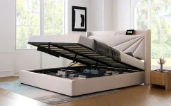Redom Canapé lit 180x200 cm tête de lit avec ports USB et Type C et coffre de rangement en tissu lin coton beige, structure métal* Lit Coffre