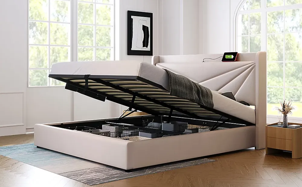 Redom Canapé lit 180x200 cm tête de lit avec ports USB et Type C et coffre de rangement en tissu lin coton beige, structure métal* Lit Coffre