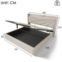 Redom Canapé lit 180x200 cm tête de lit avec ports USB et Type C et coffre de rangement en tissu lin coton beige, structure métal* Lit Coffre