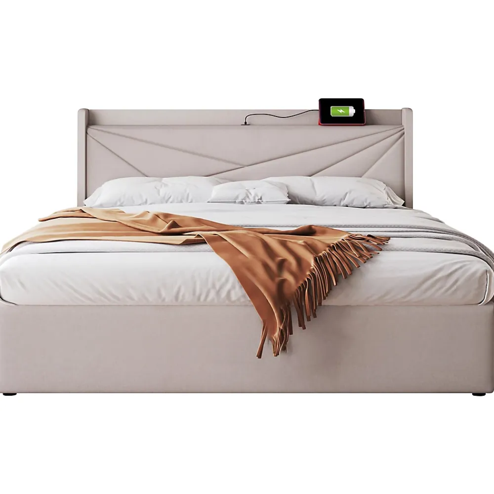 Redom Canapé lit 180x200 cm tête de lit avec ports USB et Type C et coffre de rangement en tissu lin coton beige, structure métal* Lit Coffre