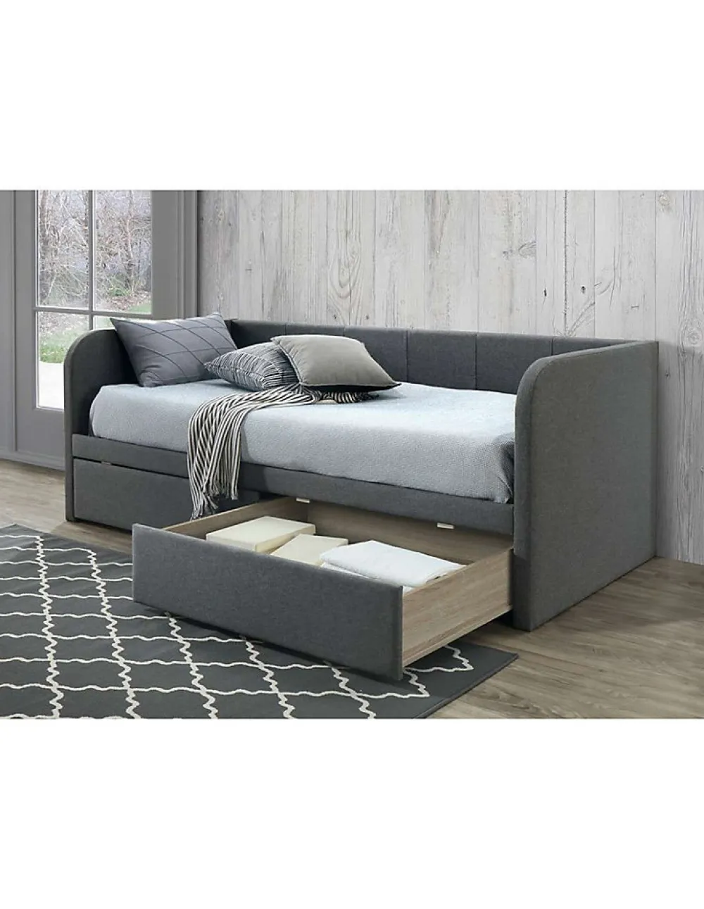 Canapé lit ZITO 90x200 cm coloris gris avec deux tiroirs et sommier inclus>Meublorama Online