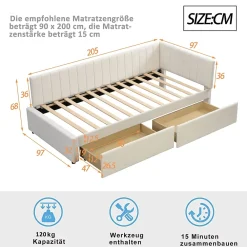 Redom Canapé 90x200 cm avec 2 grands tiroirs revetement velours beige design mid century et structure MDF* Lit Coffre