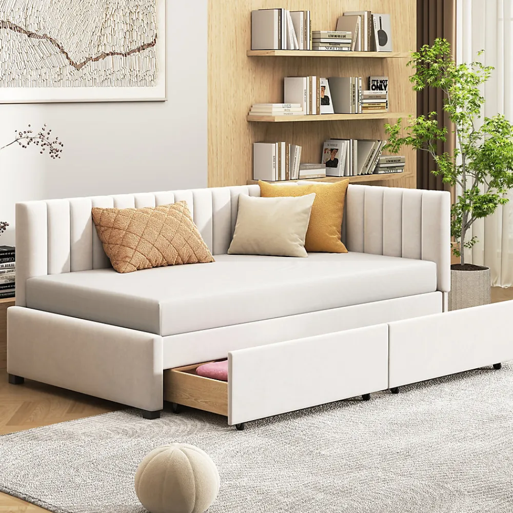 Redom Canapé 90x200 cm avec 2 grands tiroirs revetement velours beige design mid century et structure MDF* Lit Coffre