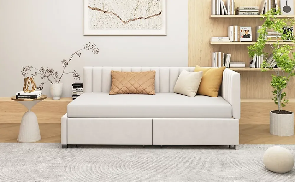 Redom Canapé 90x200 cm avec 2 grands tiroirs revetement velours beige design mid century et structure MDF* Lit Coffre