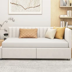 Redom Canapé 90x200 cm avec 2 grands tiroirs revetement velours beige design mid century et structure MDF* Lit Coffre