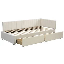 Redom Canapé 90x200 cm avec 2 grands tiroirs revetement velours beige design mid century et structure MDF* Lit Coffre