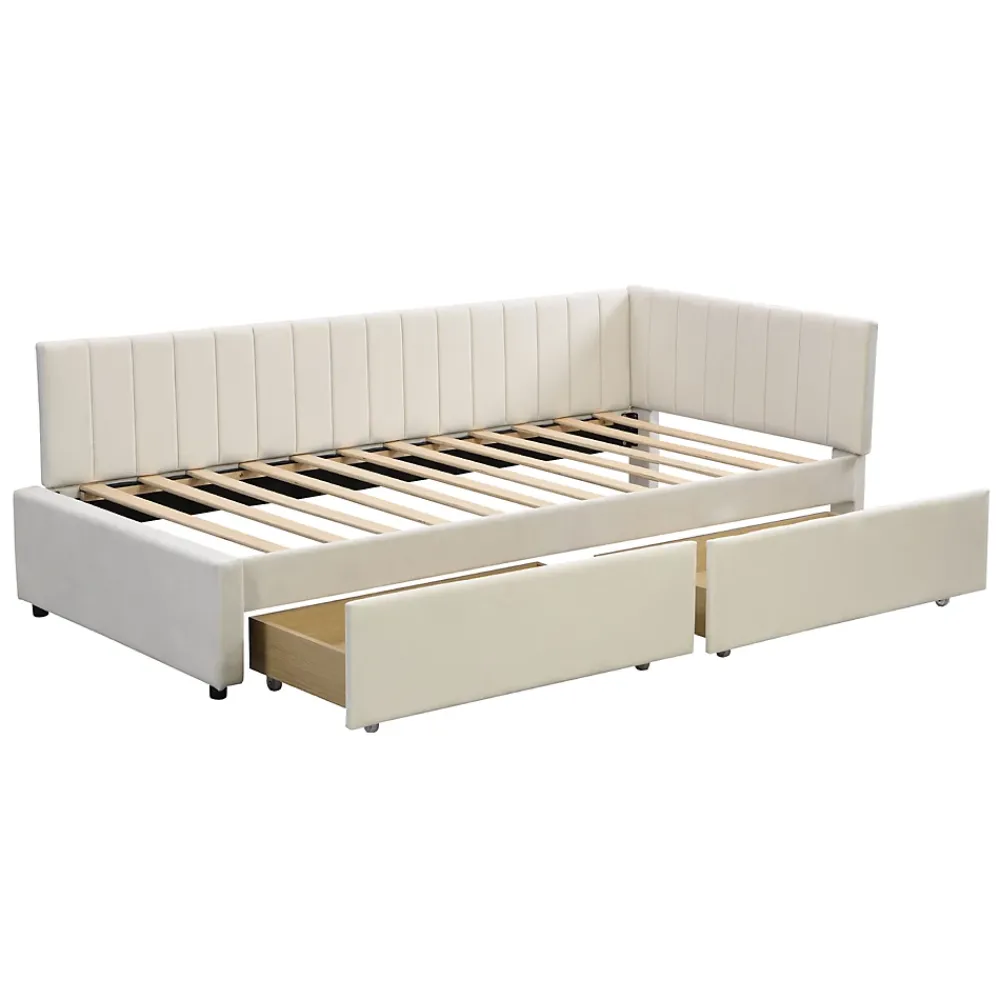 Redom Canapé 90x200 cm avec 2 grands tiroirs revetement velours beige design mid century et structure MDF* Lit Coffre