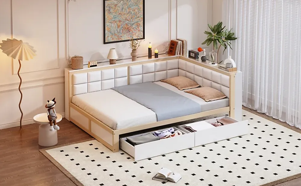 Redom Canape lit bois 140 par 200 cm lit multifonction dossier doux tiroir rangement lit simple junior pin massif couleur bois* Lit Avec Rangement