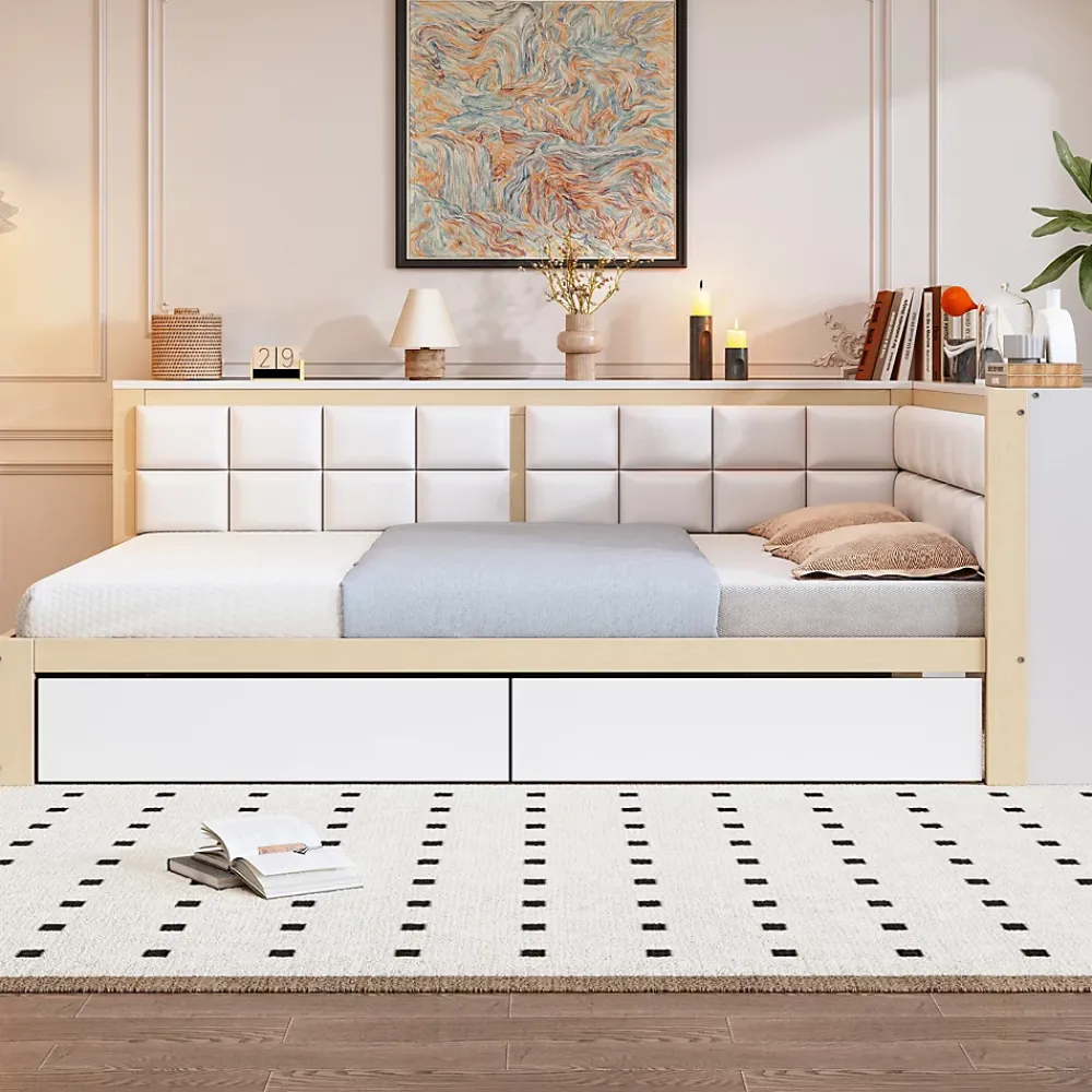Redom Canape lit bois 140 par 200 cm lit multifonction dossier doux tiroir rangement lit simple junior pin massif couleur bois* Lit Avec Rangement