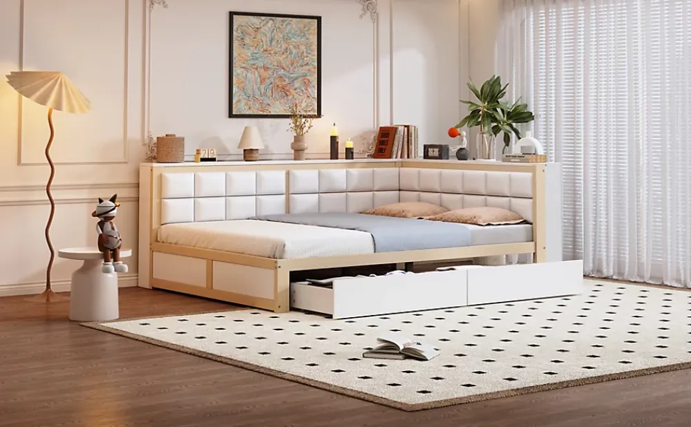 Redom Canape lit bois 140 par 200 cm lit multifonction dossier doux tiroir rangement lit simple junior pin massif couleur bois* Lit Avec Rangement