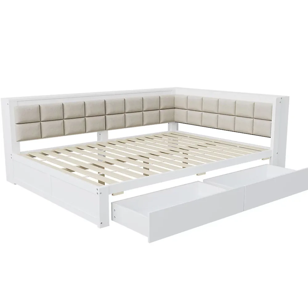 Redom Canape lit bois 140 x 200 cm lit multifonction dossier doux grand tiroir rangement lit simple junior pin massif blanc* Lit Avec Rangement