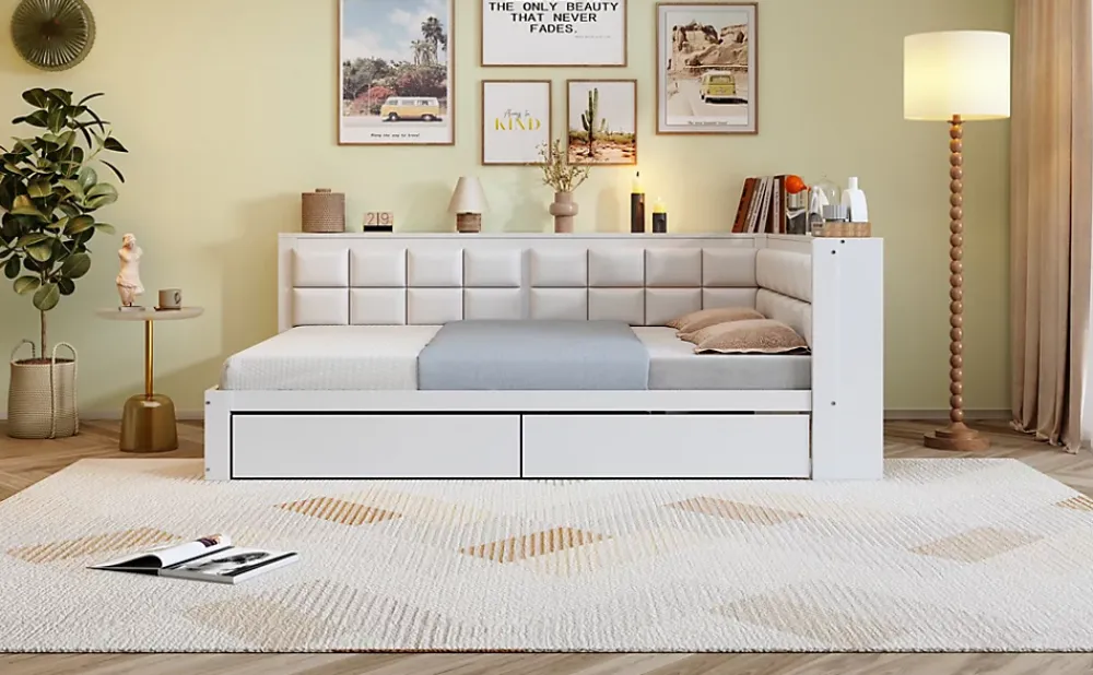 Redom Canape lit bois 140 x 200 cm lit multifonction dossier doux grand tiroir rangement lit simple junior pin massif blanc* Lit Avec Rangement