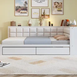 Redom Canape lit bois 140 x 200 cm lit multifonction dossier doux grand tiroir rangement lit simple junior pin massif blanc* Lit Avec Rangement