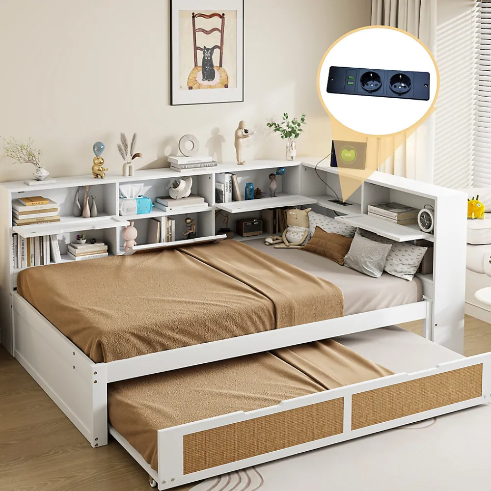 Canape lit bois 140x200 avec lit gigogne lit multifonction avec rangements multiples et prise de charge blanc>Redom