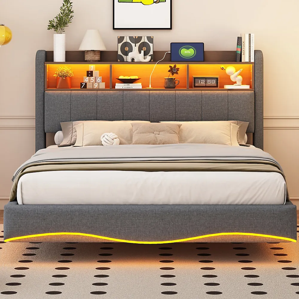 Canape lit 140x200 avec eclairage LED rangement tete en tissu gris et ports USB Type C>Redom Online