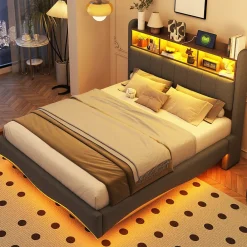 Canape lit 140x200 avec eclairage LED rangement tete en tissu gris et ports USB Type C>Redom Online