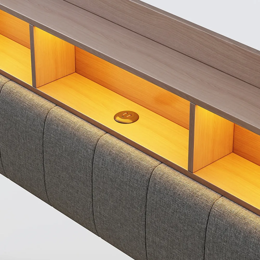 Canape lit 140x200 avec eclairage LED rangement tete en tissu gris et ports USB Type C>Redom Online