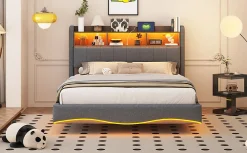 Canape lit 140x200 avec eclairage LED rangement tete en tissu gris et ports USB Type C><noscript><img width=