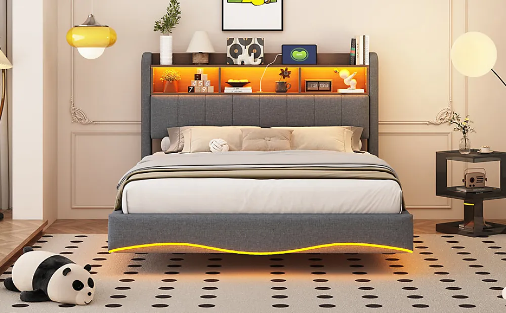 Canape lit 140x200 avec eclairage LED rangement tete en tissu gris et ports USB Type C>Redom Online