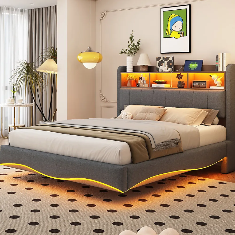 Canape lit 140x200 avec eclairage LED rangement tete en tissu gris et ports USB Type C>Redom Online