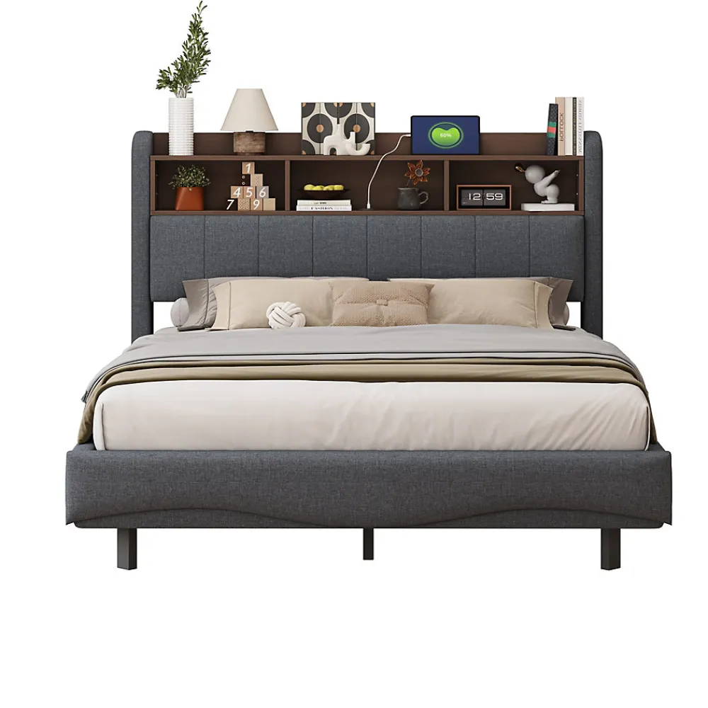 Canape lit 140x200 avec eclairage LED rangement tete en tissu gris et ports USB Type C>Redom Online