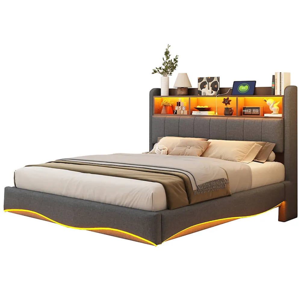 Canape lit 140x200 avec eclairage LED rangement tete en tissu gris et ports USB Type C>Redom Online