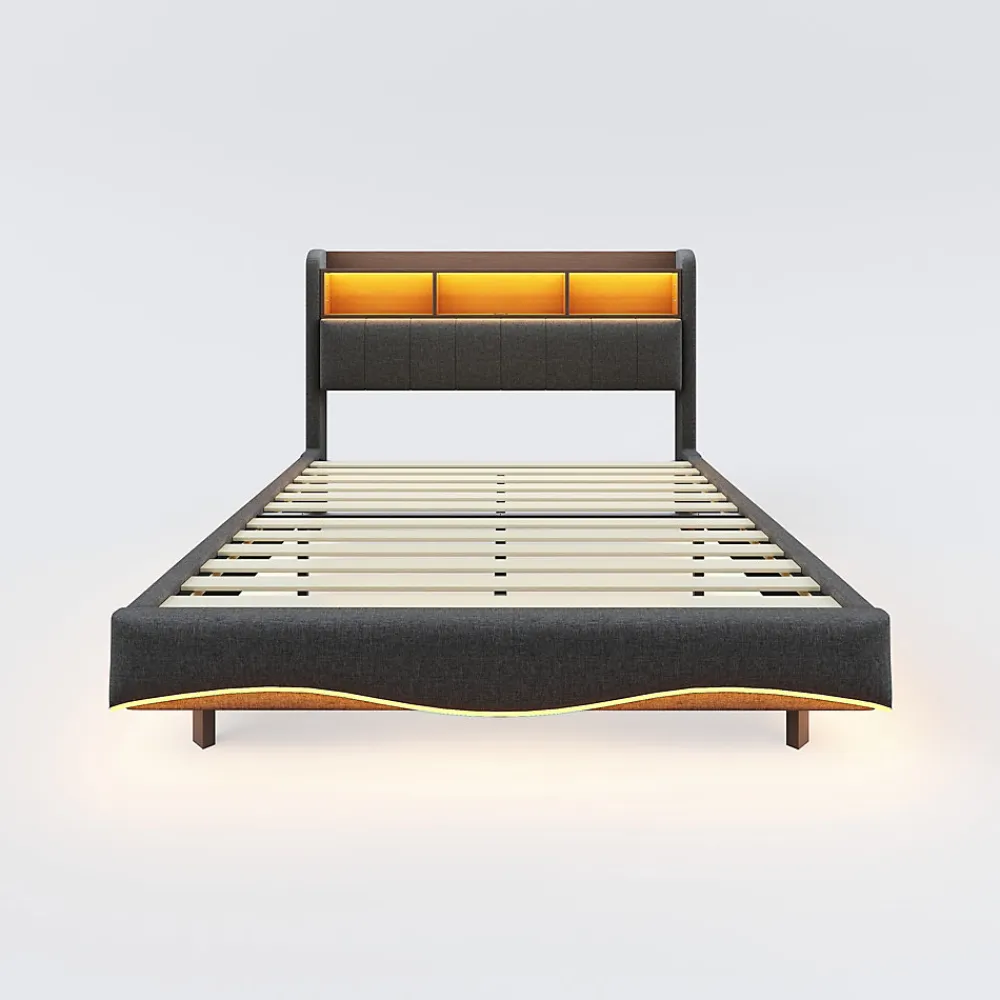 Canape lit 140x200 avec eclairage LED rangement tete en tissu gris et ports USB Type C>Redom Online