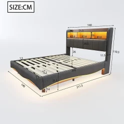 Canape lit 140x200 avec eclairage LED rangement tete en tissu gris et ports USB Type C><noscript><img width=