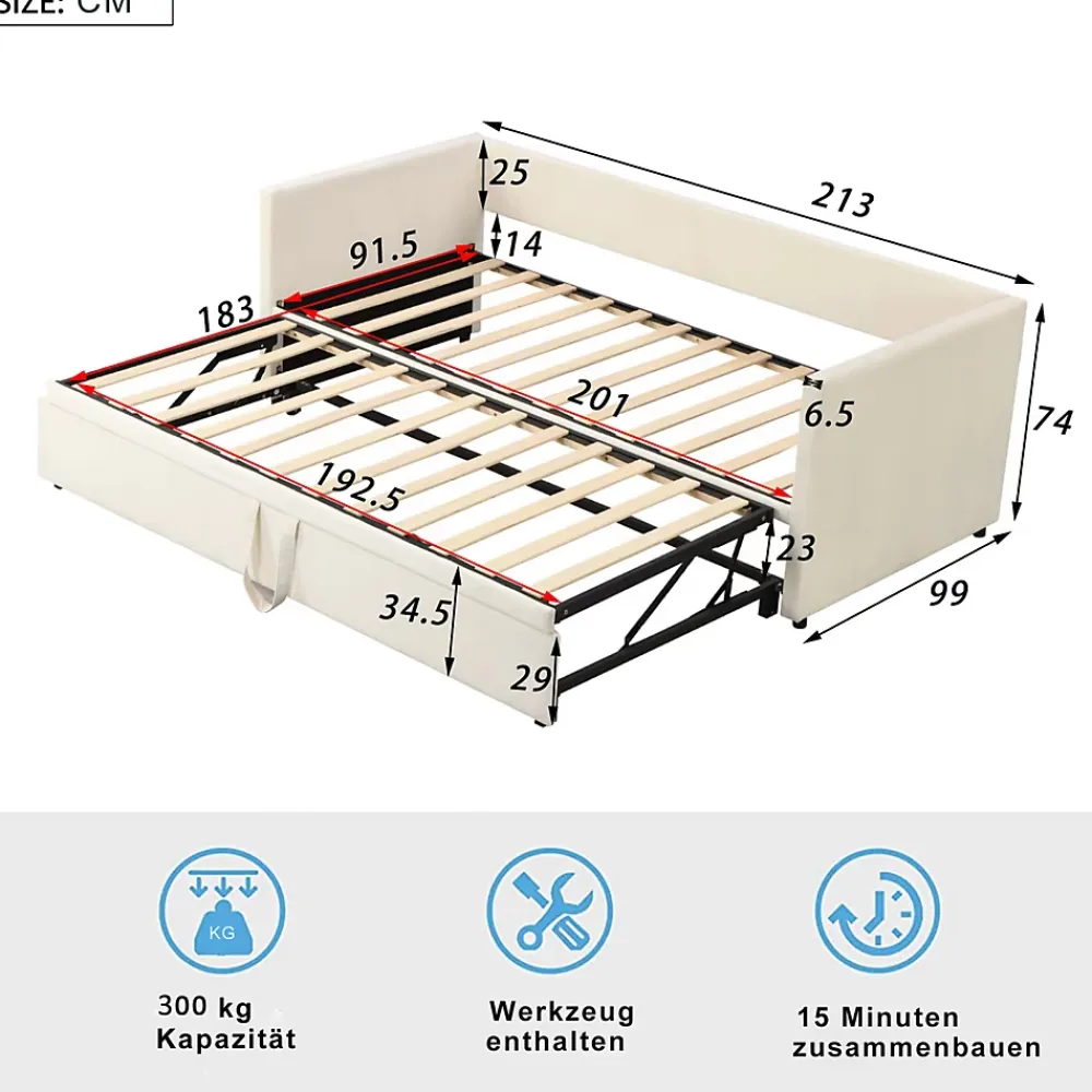 Fortuna lai Canapé-lit 90/180 X 200 Cm, Lit De Jour Extensible Avec Sommier à Lattes, Canapé 2 Places, Beige* Lit Coffre