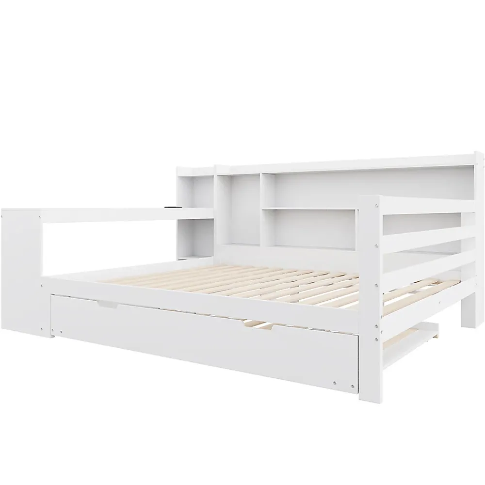 Blackcolors Canapé-lit bois 140x200cm blanc bureau/casiers/prises lit escamotable multifonction* Lit Coffre
