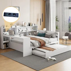 Blackcolors Canapé-lit bois 140x200cm blanc bureau/casiers/prises lit escamotable multifonction* Lit Coffre