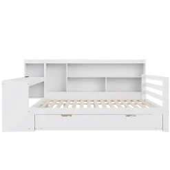Blackcolors Canapé-lit bois 140x200cm blanc bureau/casiers/prises lit escamotable multifonction* Lit Coffre