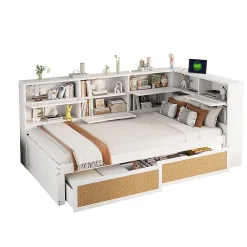 Canapé-lit bois 90x200cm, tiroir, rangement, prise, blanc><noscript><img width=