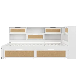 Canapé-lit bois 90x200cm, tiroir, rangement, prise, blanc><noscript><img width=