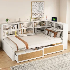 Canapé-lit bois 90x200cm, tiroir, rangement, prise, blanc><noscript><img width=