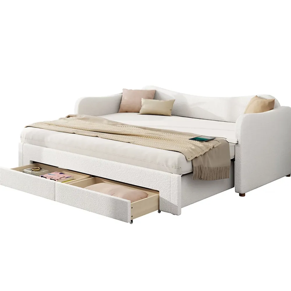 ModernLuxe Canapé-lit capitonné 90x200cm - Avec lit gigogne - 2 tiroirs de rangement - Port USB - Tissu bouclé - Beige (sans matelas)* Lit Gigogne