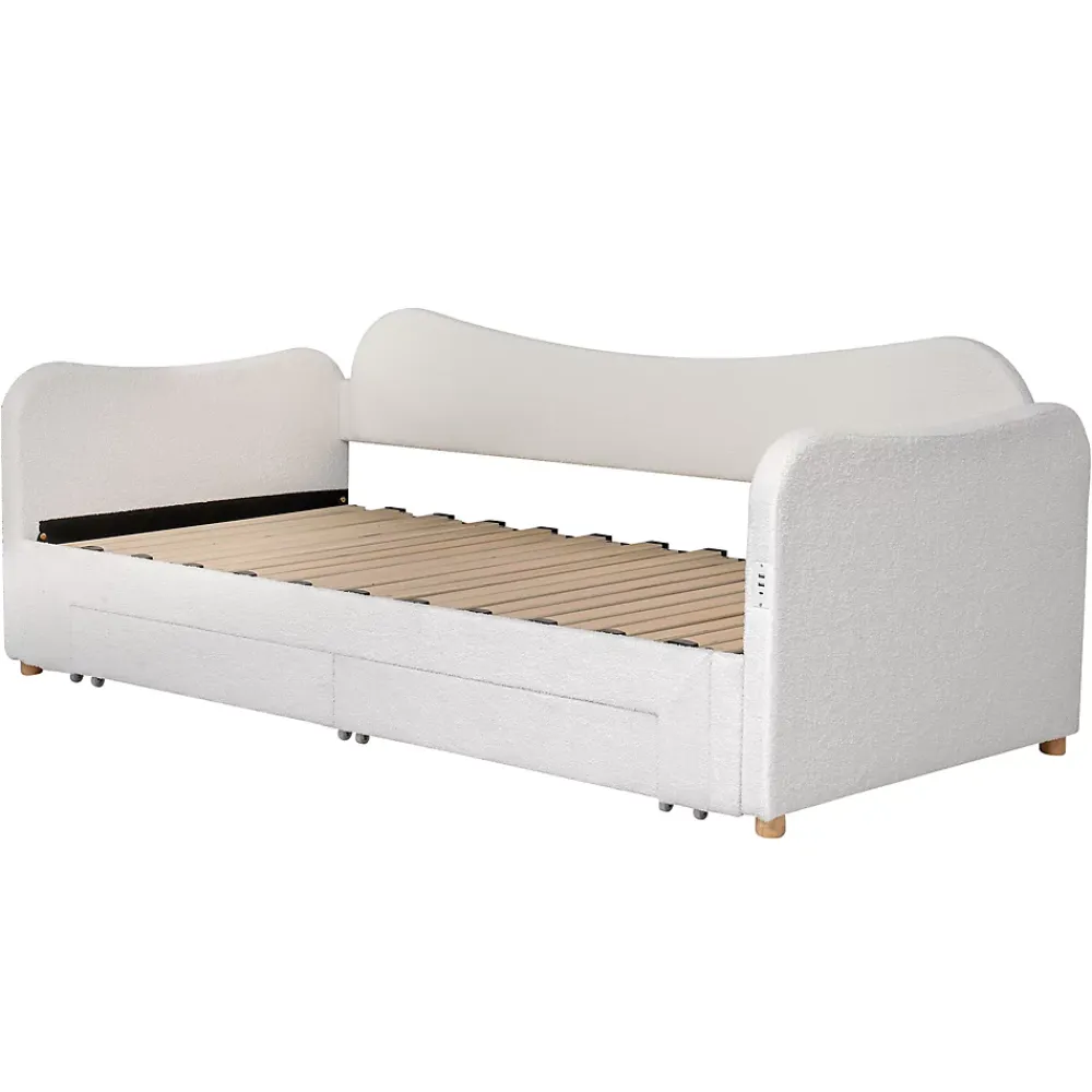 ModernLuxe Canapé-lit capitonné 90x200cm - Avec lit gigogne - 2 tiroirs de rangement - Port USB - Tissu bouclé - Beige (sans matelas)* Lit Gigogne