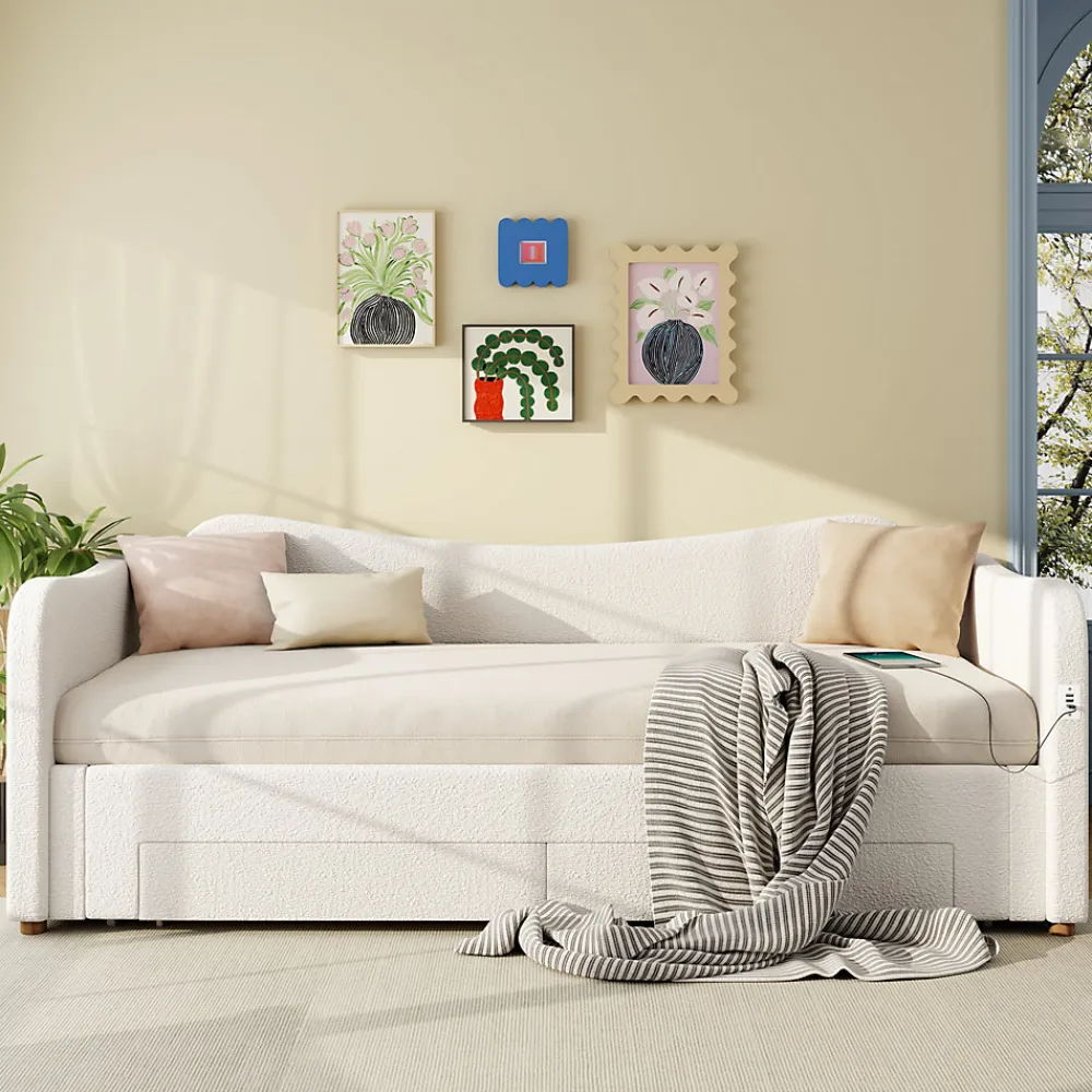 ModernLuxe Canapé-lit capitonné 90x200cm - Avec lit gigogne - 2 tiroirs de rangement - Port USB - Tissu bouclé - Beige (sans matelas)* Lit Gigogne