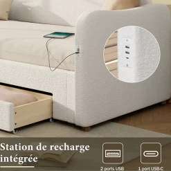 ModernLuxe Canapé-lit capitonné 90x200cm - Avec lit gigogne - 2 tiroirs de rangement - Port USB - Tissu bouclé - Beige (sans matelas)* Lit Gigogne