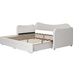 ModernLuxe Canapé-lit capitonné 90x200cm - Avec lit gigogne - 2 tiroirs de rangement - Port USB - Tissu bouclé - Beige (sans matelas)* Lit Gigogne