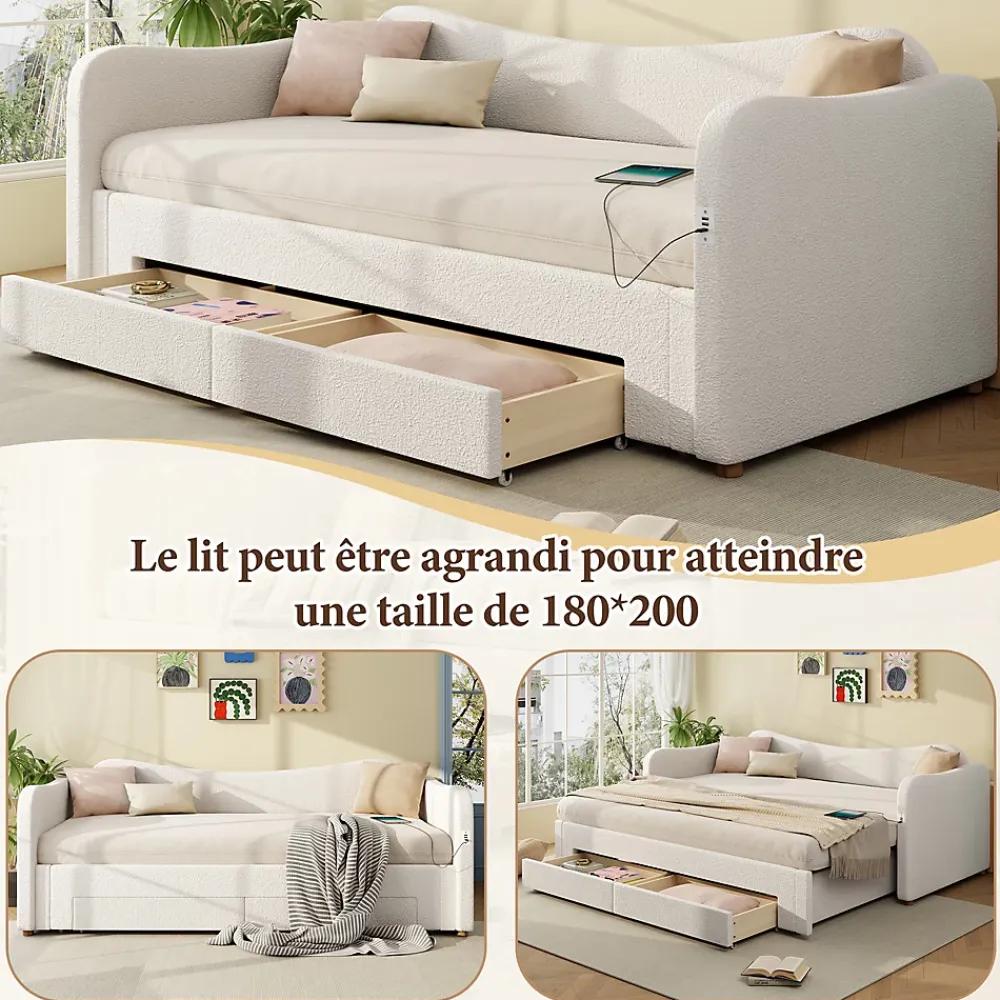 ModernLuxe Canapé-lit capitonné 90x200cm - Avec lit gigogne - 2 tiroirs de rangement - Port USB - Tissu bouclé - Beige (sans matelas)* Lit Gigogne