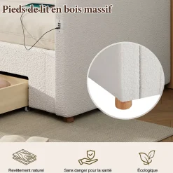 ModernLuxe Canapé-lit capitonné 90x200cm - Avec lit gigogne - 2 tiroirs de rangement - Port USB - Tissu bouclé - Beige (sans matelas)* Lit Gigogne