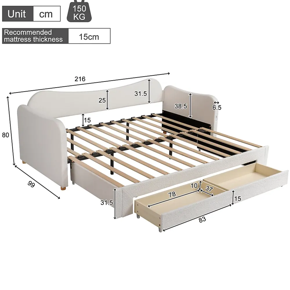 ModernLuxe Canapé-lit capitonné 90x200cm - Avec lit gigogne - 2 tiroirs de rangement - Port USB - Tissu bouclé - Beige (sans matelas)* Lit Gigogne