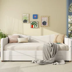Canapé-lit capitonné 90x200cm - Avec lit gigogne - 2 tiroirs de rangement - Port USB - Tissu velours - Beige (Matelas non inclus)><noscript><img width=