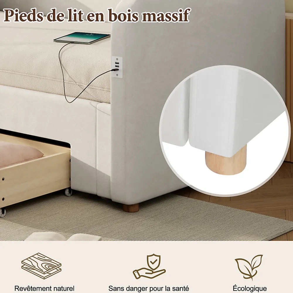 Canapé-lit capitonné 90x200cm - Avec lit gigogne - 2 tiroirs de rangement - Port USB - Tissu velours - Beige (Matelas non inclus)>ModernLuxe Online