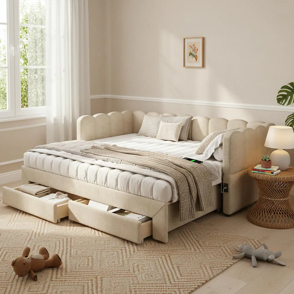 Canapé-lit capitonné 90x190cm - lit gigogne - 2 tiroirs - port USB - tissu chenille - beige (matelas non inclus)>ModernLuxe Sale