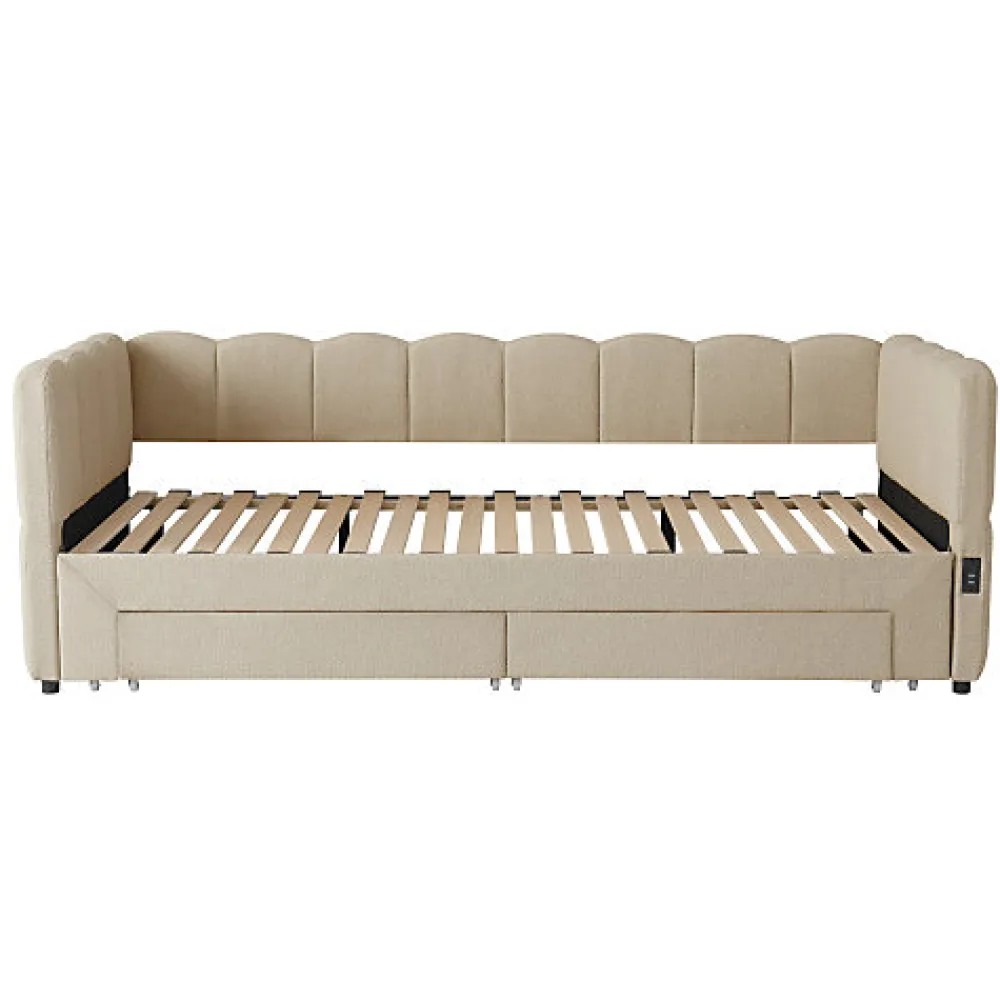 Canapé-lit capitonné 90x190cm - lit gigogne - 2 tiroirs - port USB - tissu chenille - beige (matelas non inclus)>ModernLuxe Sale