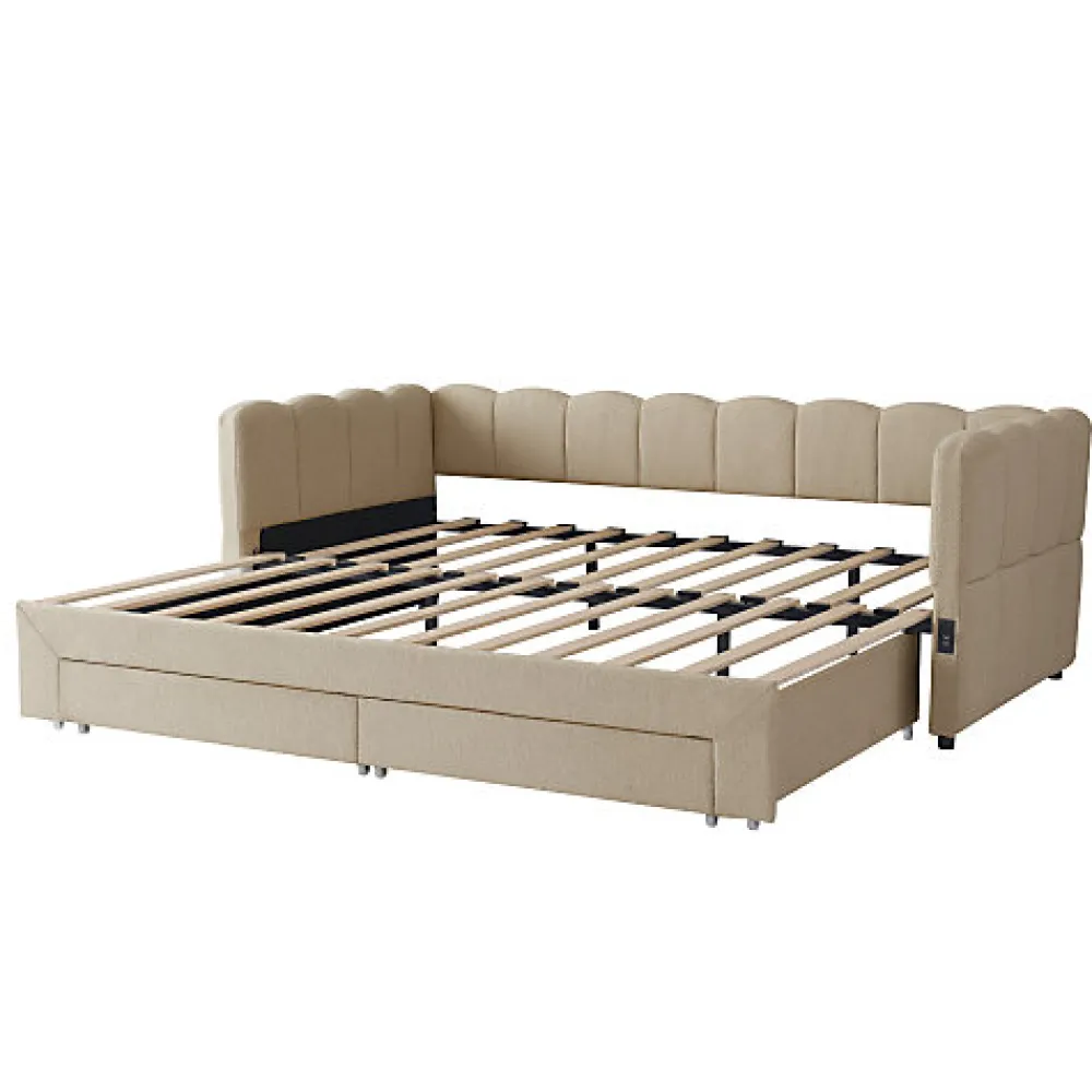 Canapé-lit capitonné 90x190cm - lit gigogne - 2 tiroirs - port USB - tissu chenille - beige (matelas non inclus)>ModernLuxe Sale