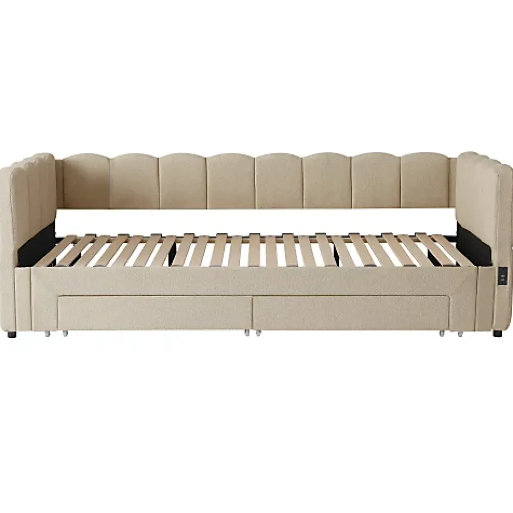 ModernLuxe Canapé-lit capitonné 90x200cm - lit gigogne - 2 tiroirs - port USB - tissu chenille - beige (matelas non inclus)* Lit Gigogne