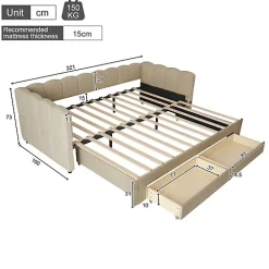 ModernLuxe Canapé-lit capitonné 90x200cm - lit gigogne - 2 tiroirs - port USB - tissu chenille - beige (matelas non inclus)* Lit Gigogne